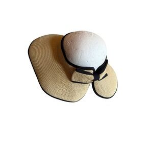 Jacobson Hat Company Tan Straw Roll Up Sun Visor Wide Brim Black Trim Bow Accent